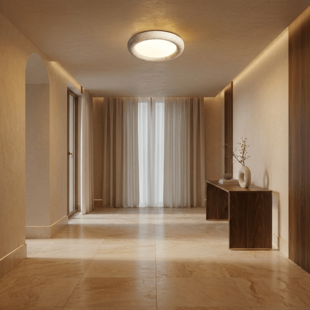 Clérachic travertine ceiling light lighting a long hallway with an arched doorway, a dark wood console table and pale marble-look flooring.