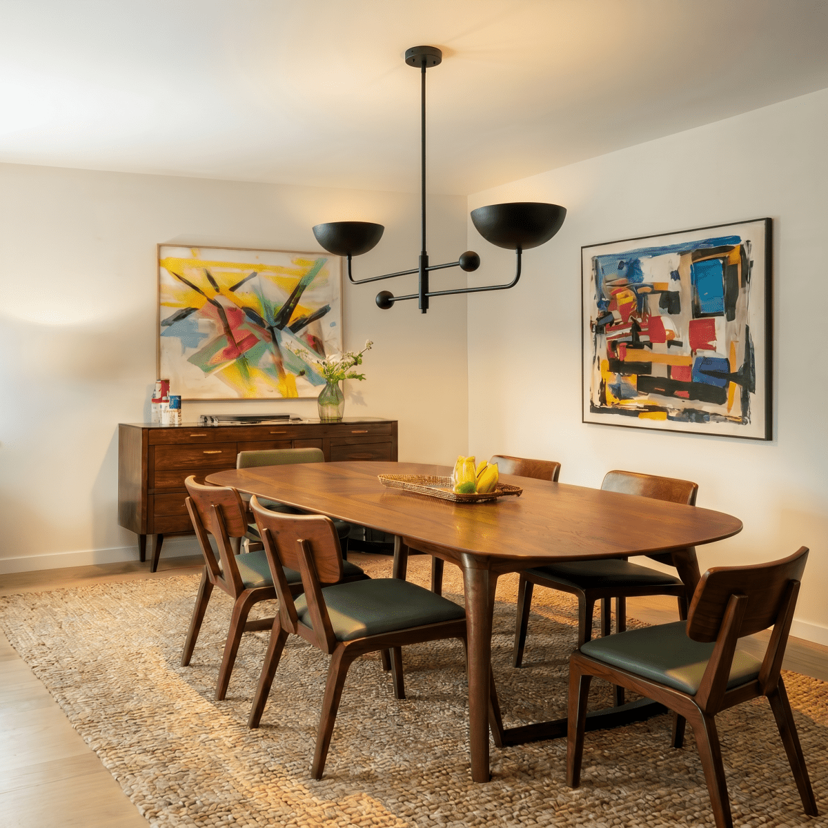 Clérachic matte black chandelier hanging above a walnut dining table flanked by two colourful abstract paintings.