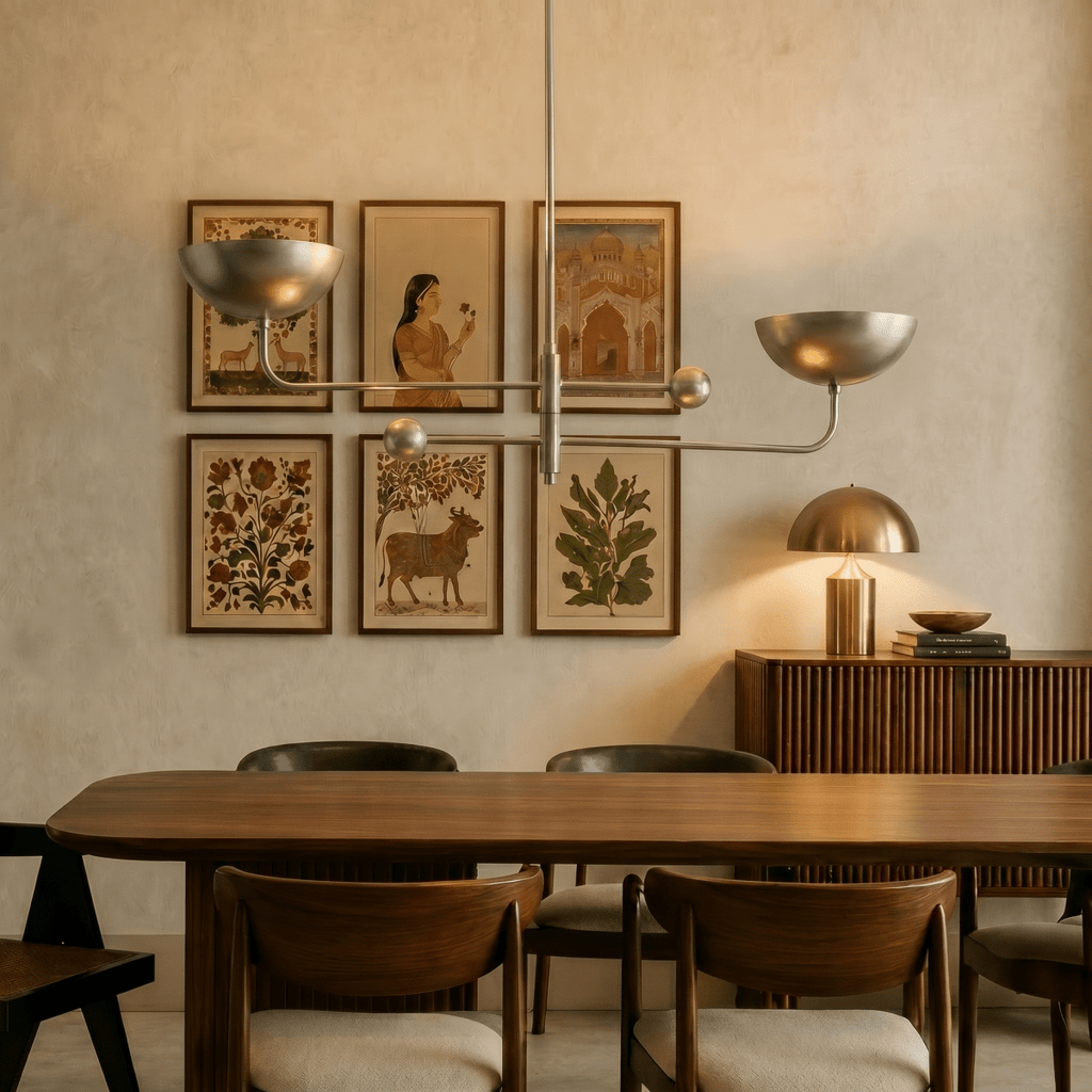Clérachic chrome chandelier hanging above a dining table beside a gallery wall of framed folk-art prints.