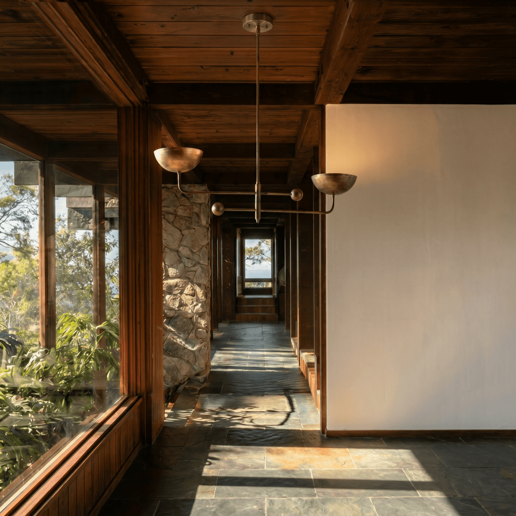 Clérachic vintage brass chandelier hanging in a stone-and-timber hallway overlooking hills through a window.