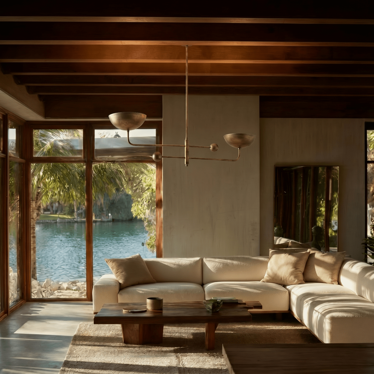 Clérachic brass chandelier glowing above a cream sectional sofa, framed by timber beams and a lakeside view.