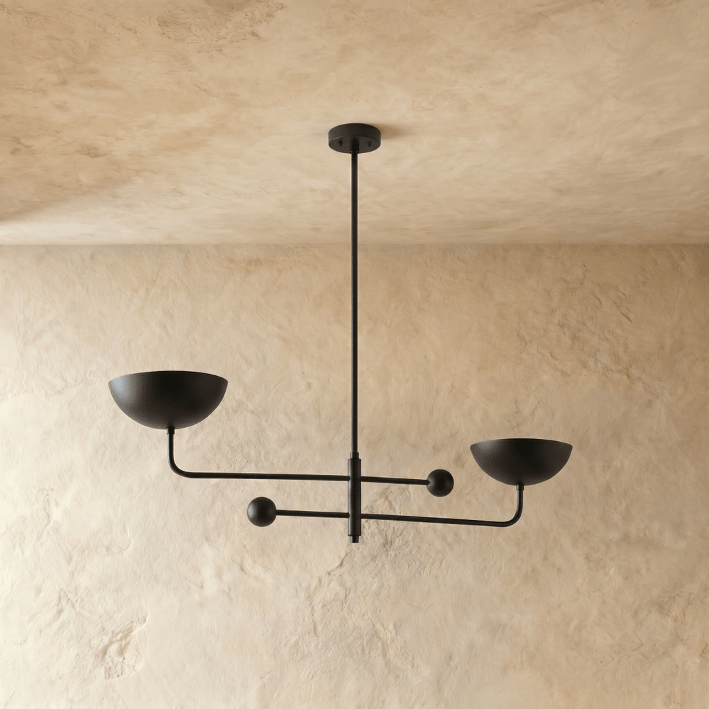 Clérachic chandelier in matte black, the crossed arms and bowl shades viewed from another angle.