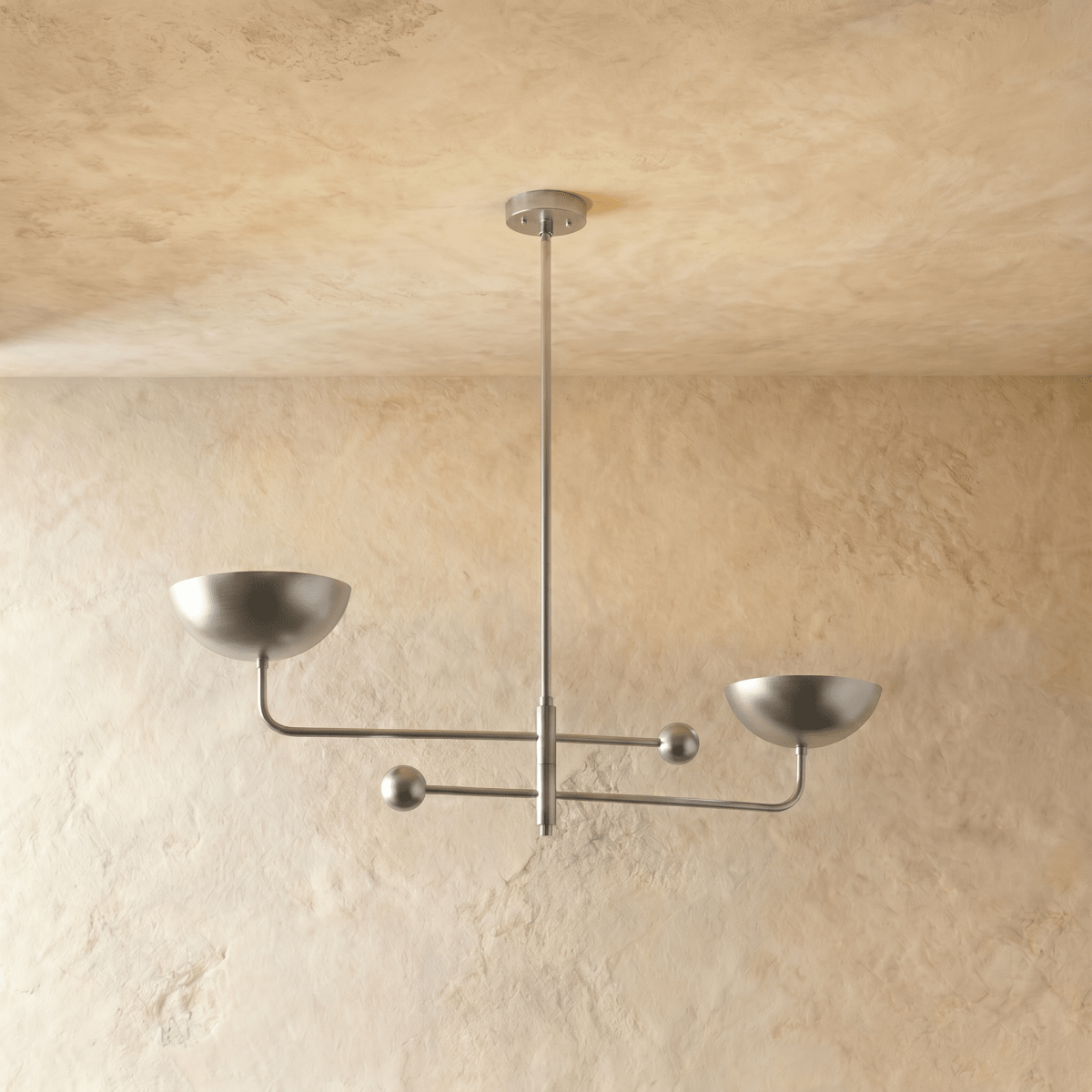 Clérachic chandelier in chrome, the crossed arms and bowl shades shown from a slightly different angle.