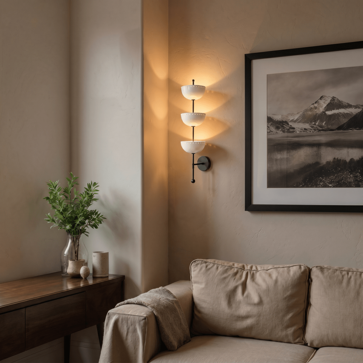 Clérachic matte black three-tier bowl sconce lit beside a sofa and a framed black-and-white mountain photograph.