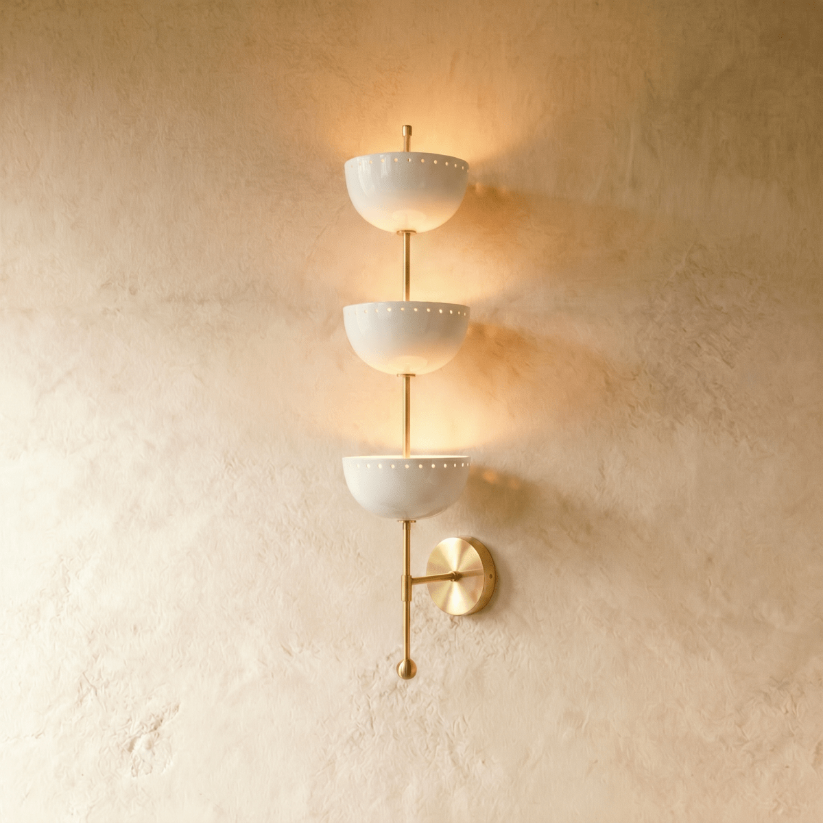 Clérachic three-tier bowl sconce in polished brass with white glass shades, mounted on a plaster wall in studio light.
