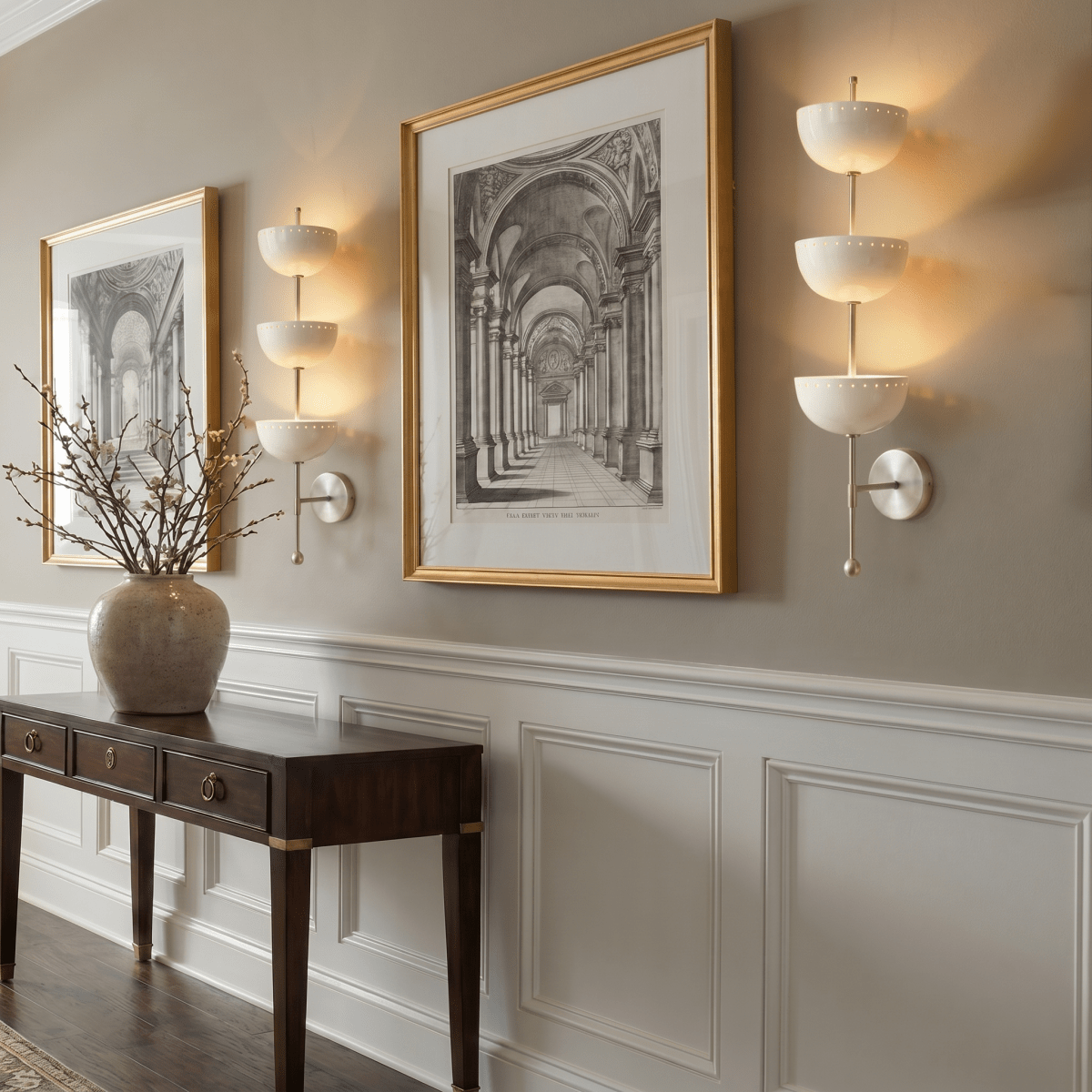 Clérachic chrome three-tier bowl sconces lit in a panelled entryway flanking a framed architectural print.