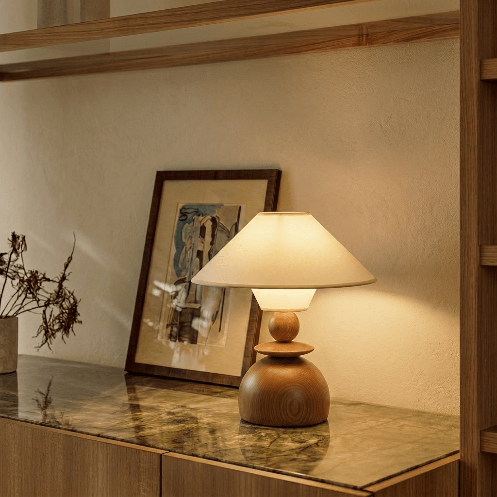 Clérachic table lamp lit on the green-veined marble top of an oak sideboard, beside a framed drawing and a dried plant arrangement.