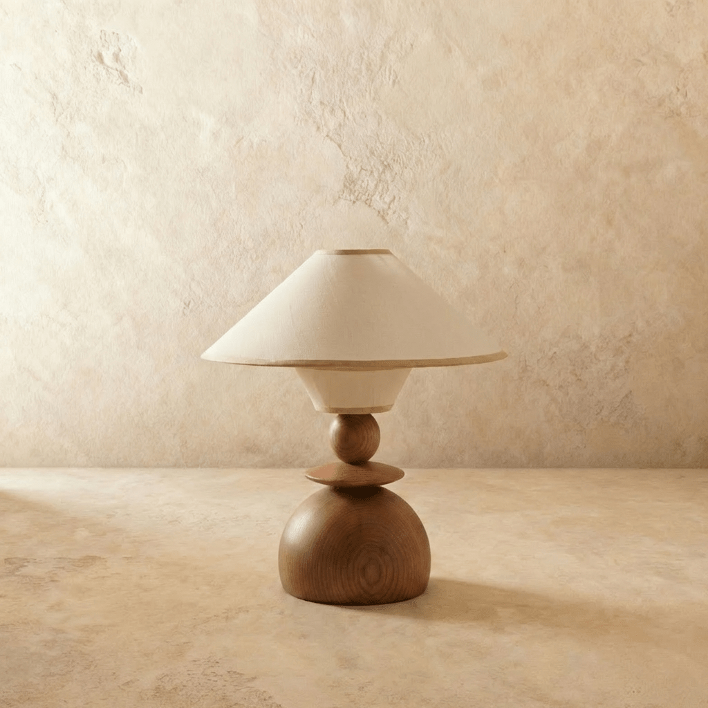 Clérachic table lamp unlit, showing the wood stack beneath the shade: a sphere on a flattened disc above a domed base.
