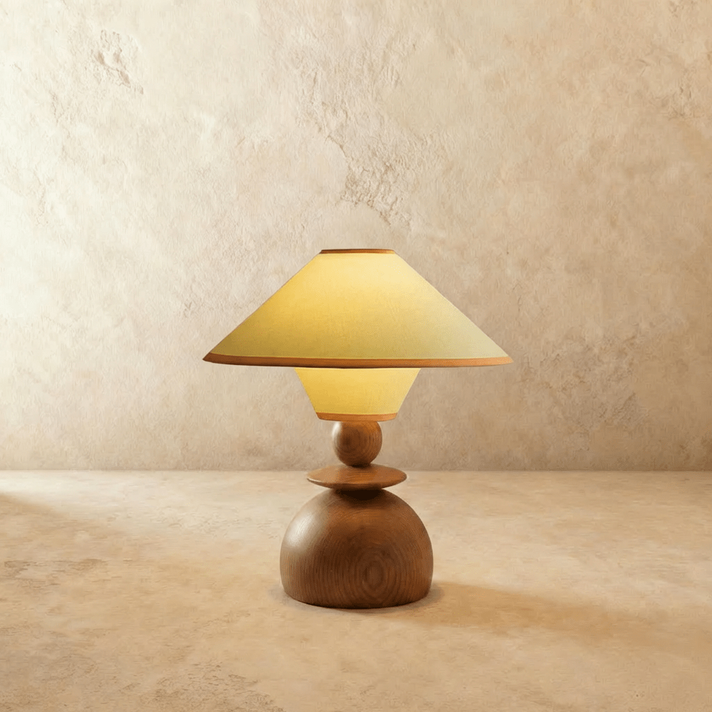 Clérachic table lamp at full glow, the wide fabric shade reading warm gold above its rounded wood base.