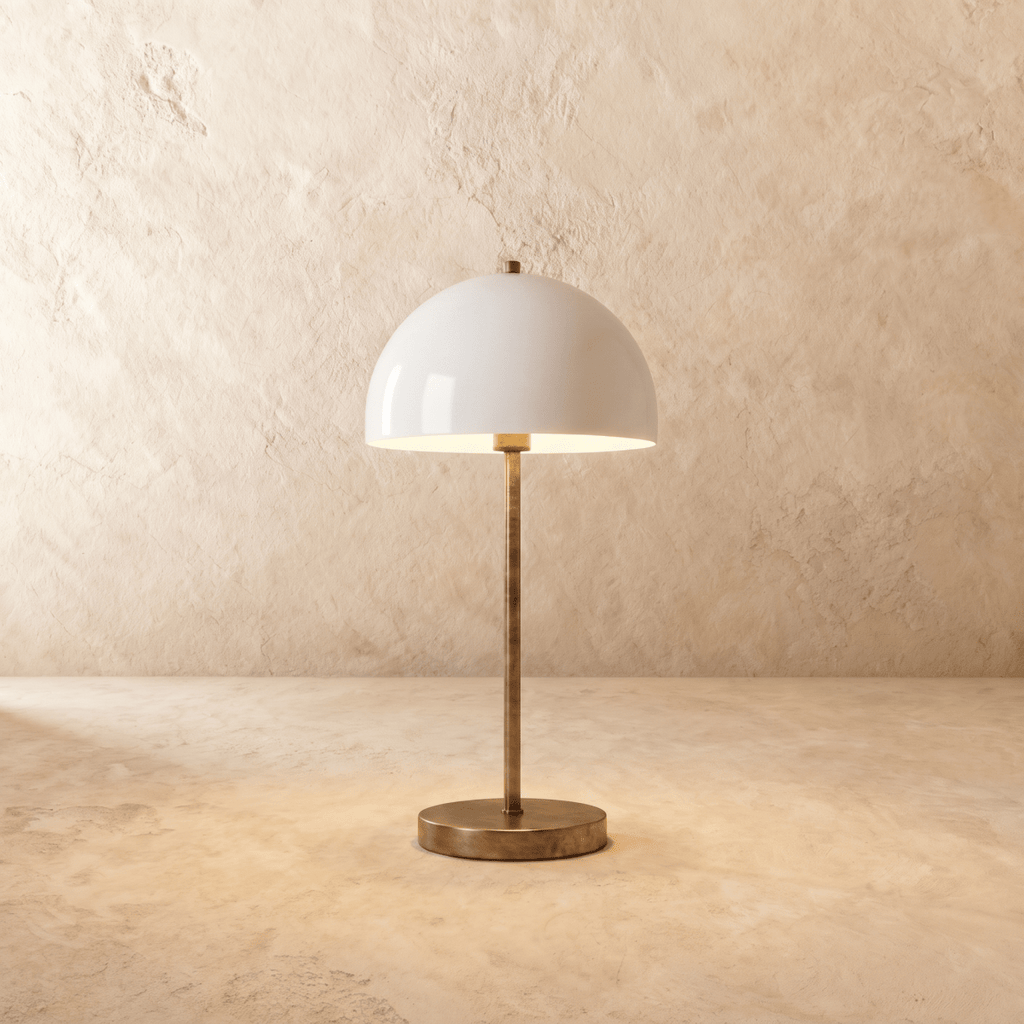 Clérachic table lamp in vintage brass with a glossy white dome shade on a slender stem and round base.