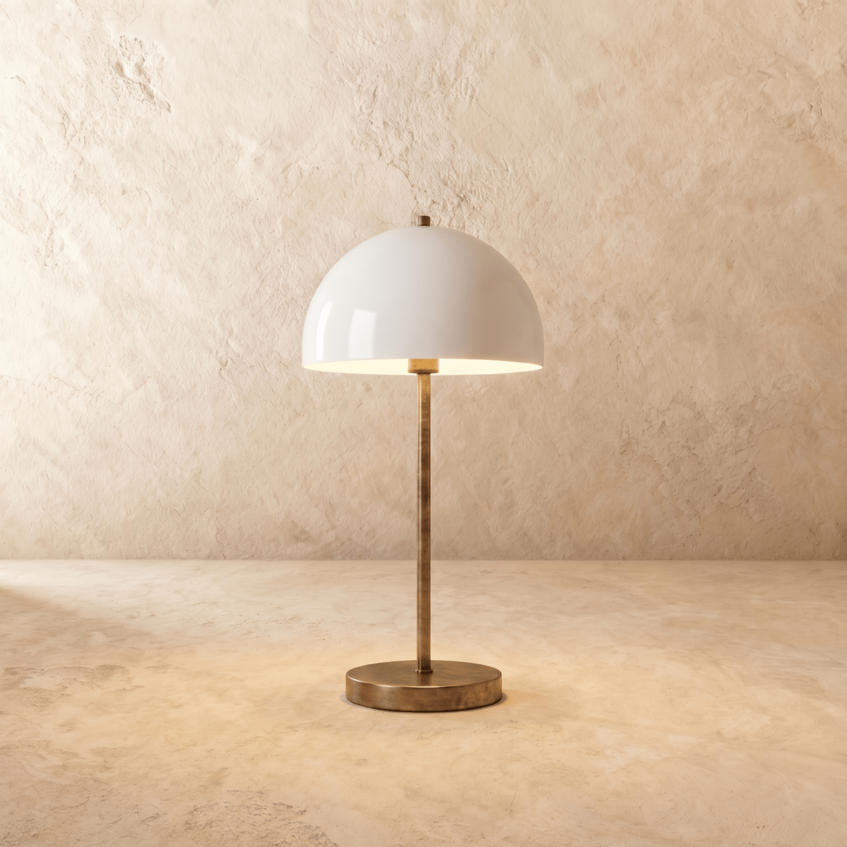 Clérachic table lamp in vintage brass with a glossy white dome shade on a slender stem and round base.