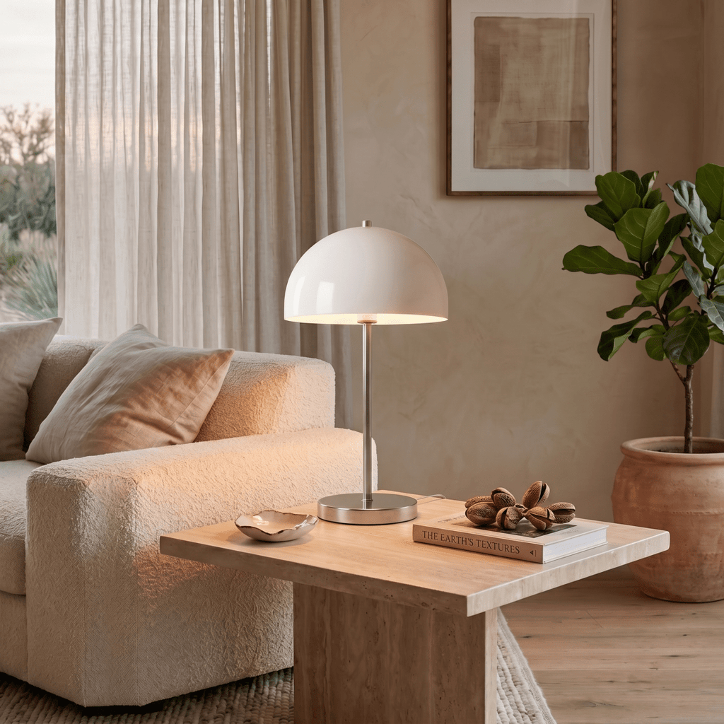 A chrome Clérachic table lamp lights a wood side table set with a book and a bowl of pistachios.