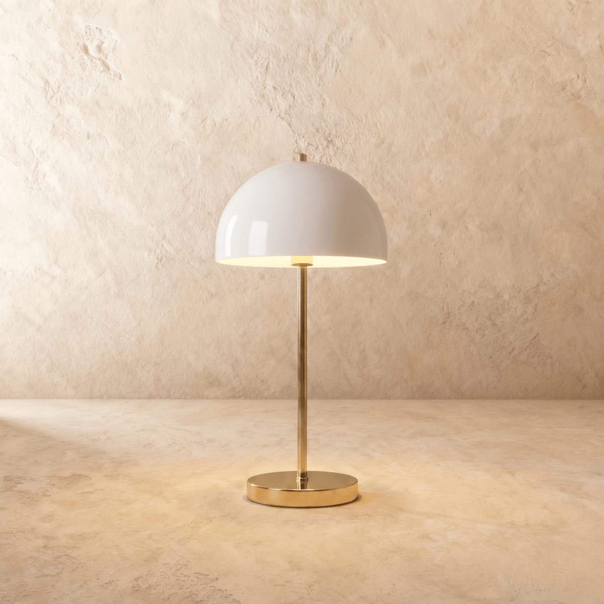 Clérachic table lamp in polished brass, its glossy white dome shade set on a slim brass stem.
