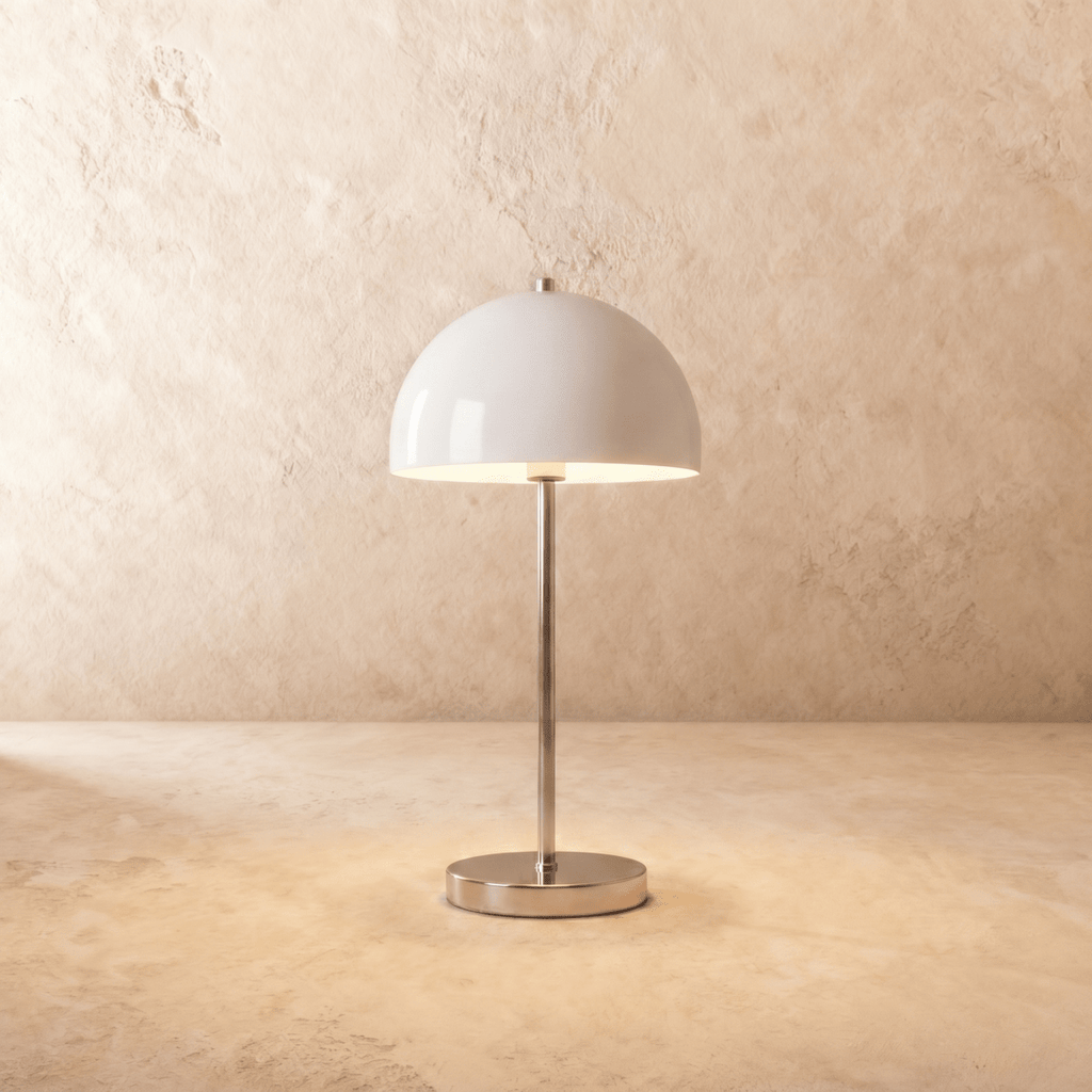 Clérachic table lamp in chrome, its glossy white dome shade set atop a slim polished stem.