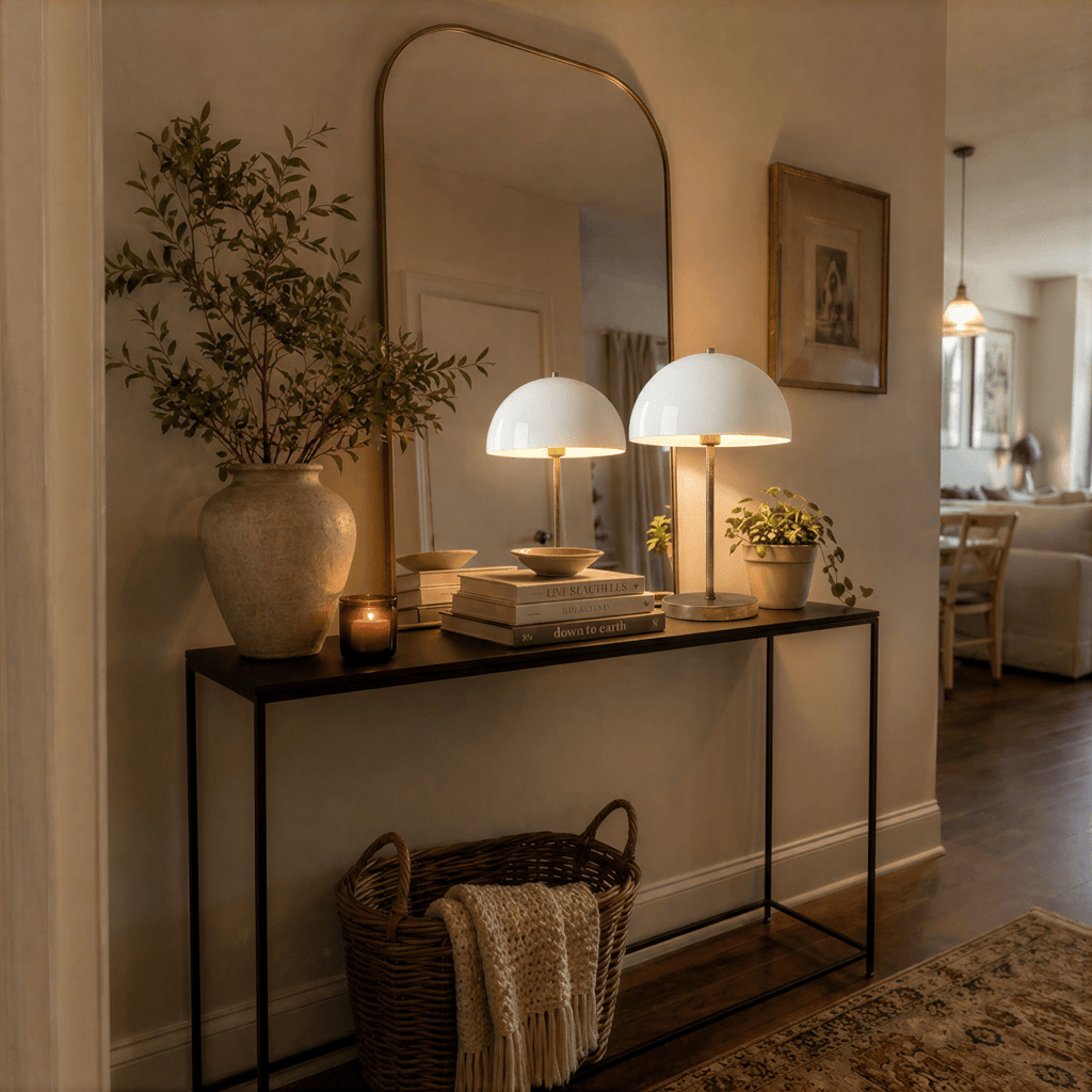 This pair of brass Clérachic table lamps lights a console table beneath an arched mirror and framed art.