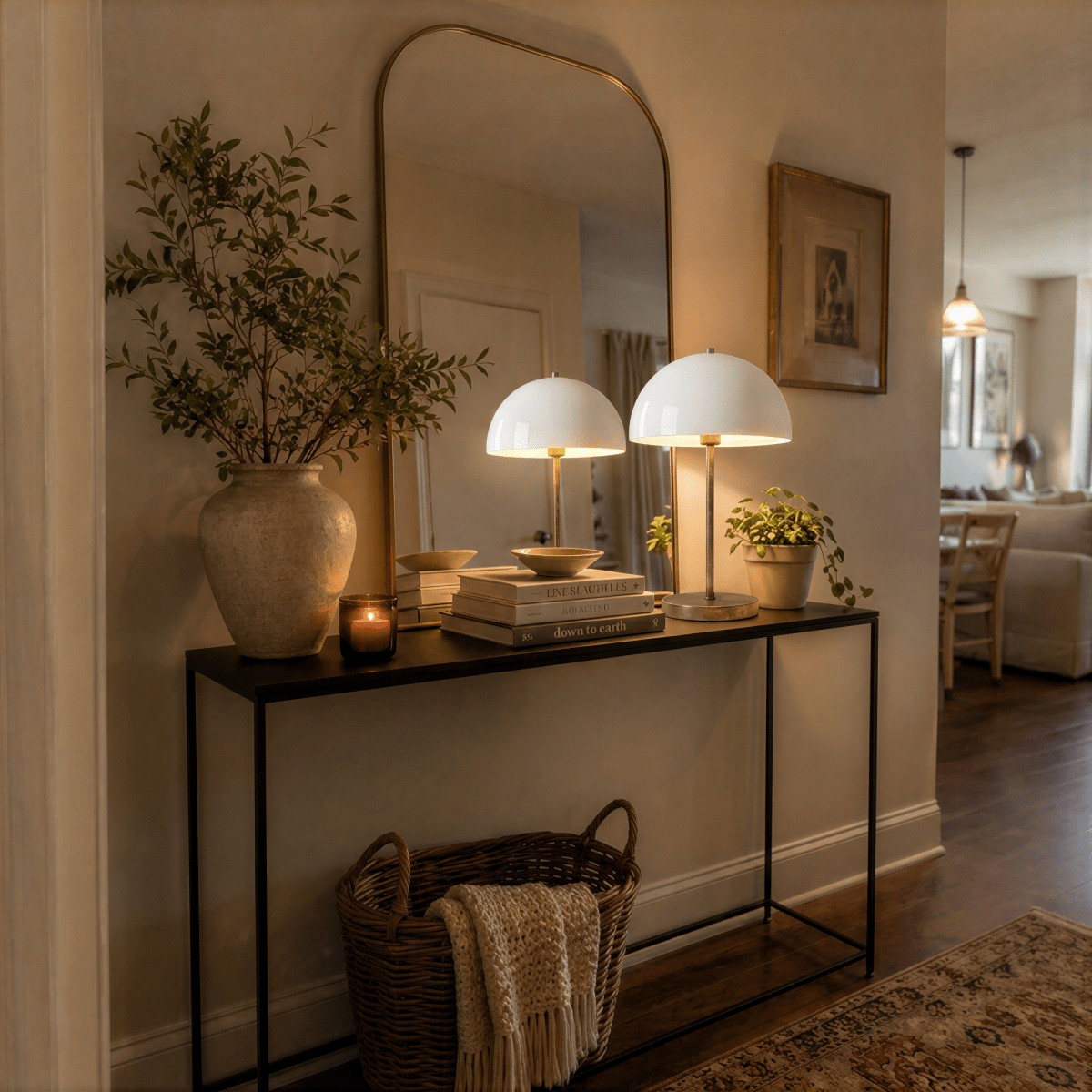 This pair of brass Clérachic table lamps lights a console table beneath an arched mirror and framed art.