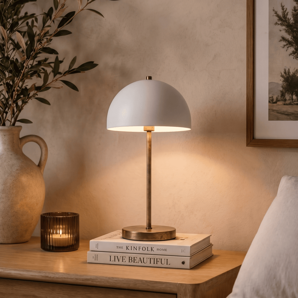 This vintage brass Clérachic table lamp lights a nightstand stacked with books beside a stoneware pitcher.