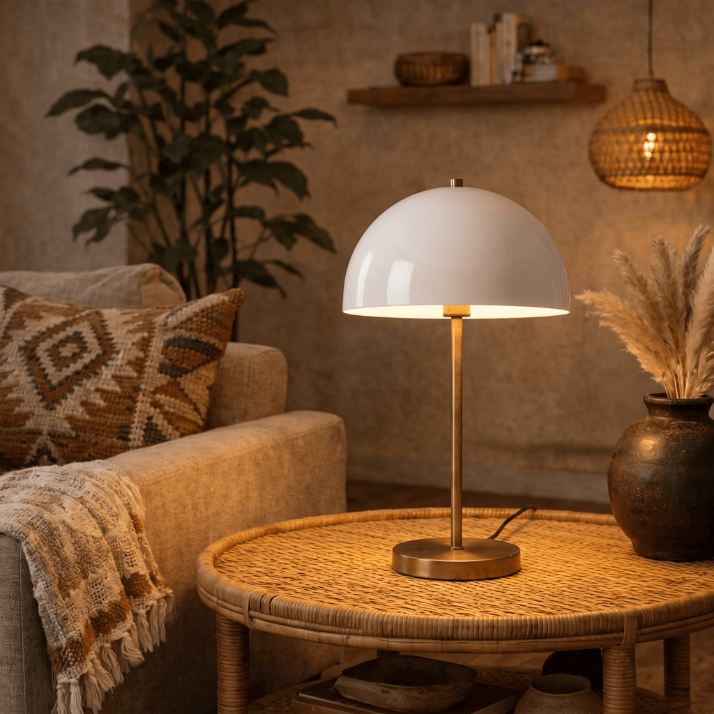 A vintage brass Clérachic table lamp lights a rattan coffee table beside a pampas grass arrangement.