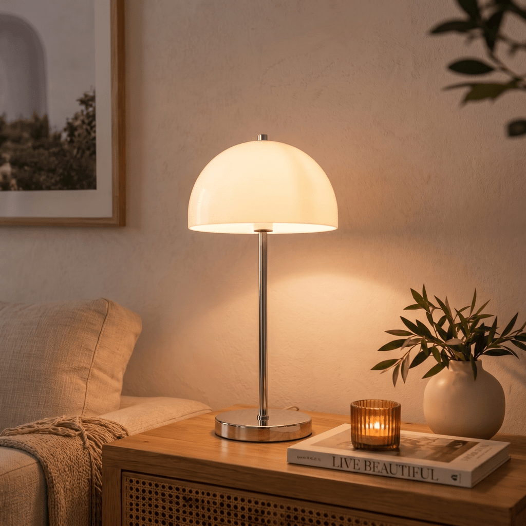 This chrome Clérachic table lamp lights a side table holding a candle, a book and a vase of greenery.