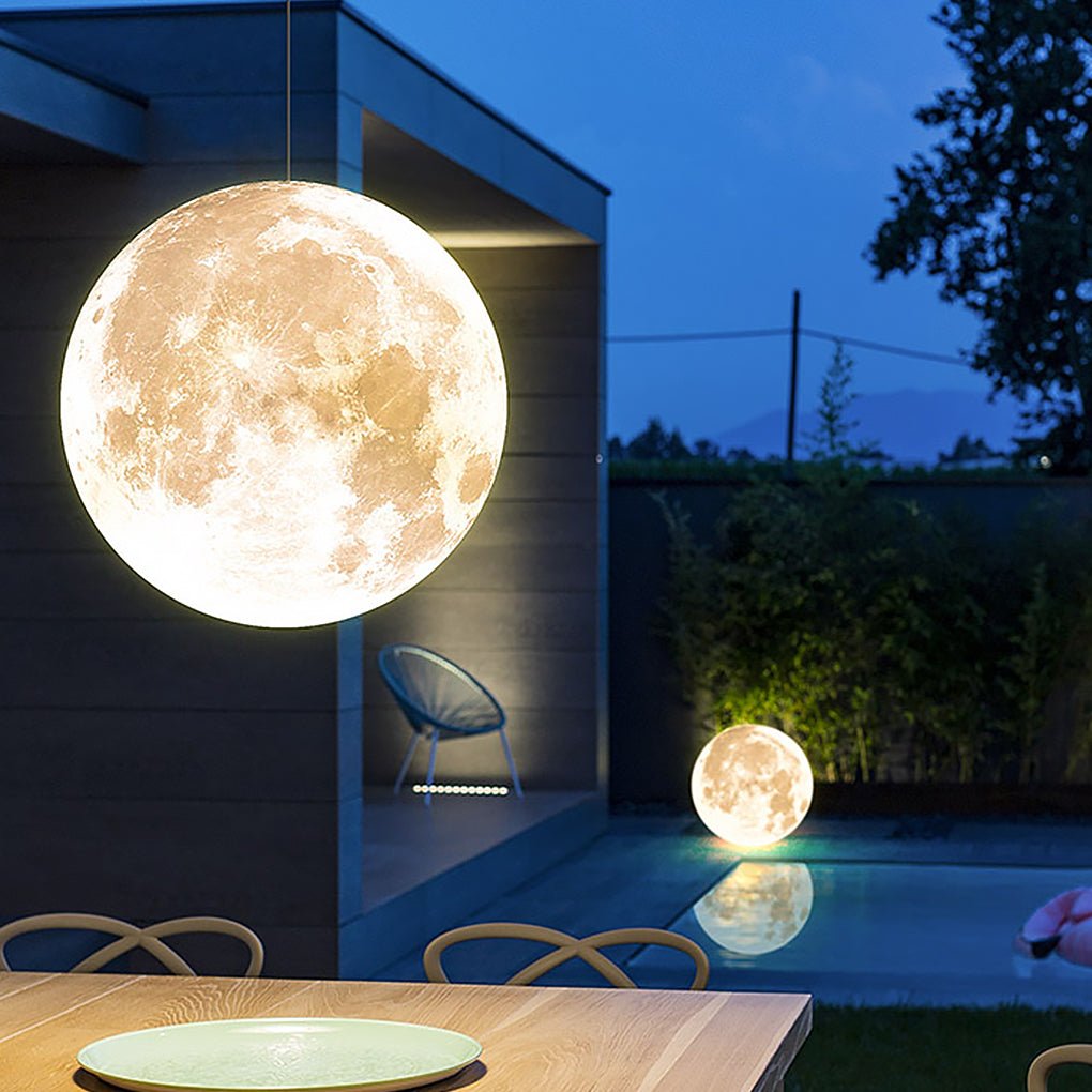 Moon-Textured Resin Outdoor Chandelier With Warm LED Glow