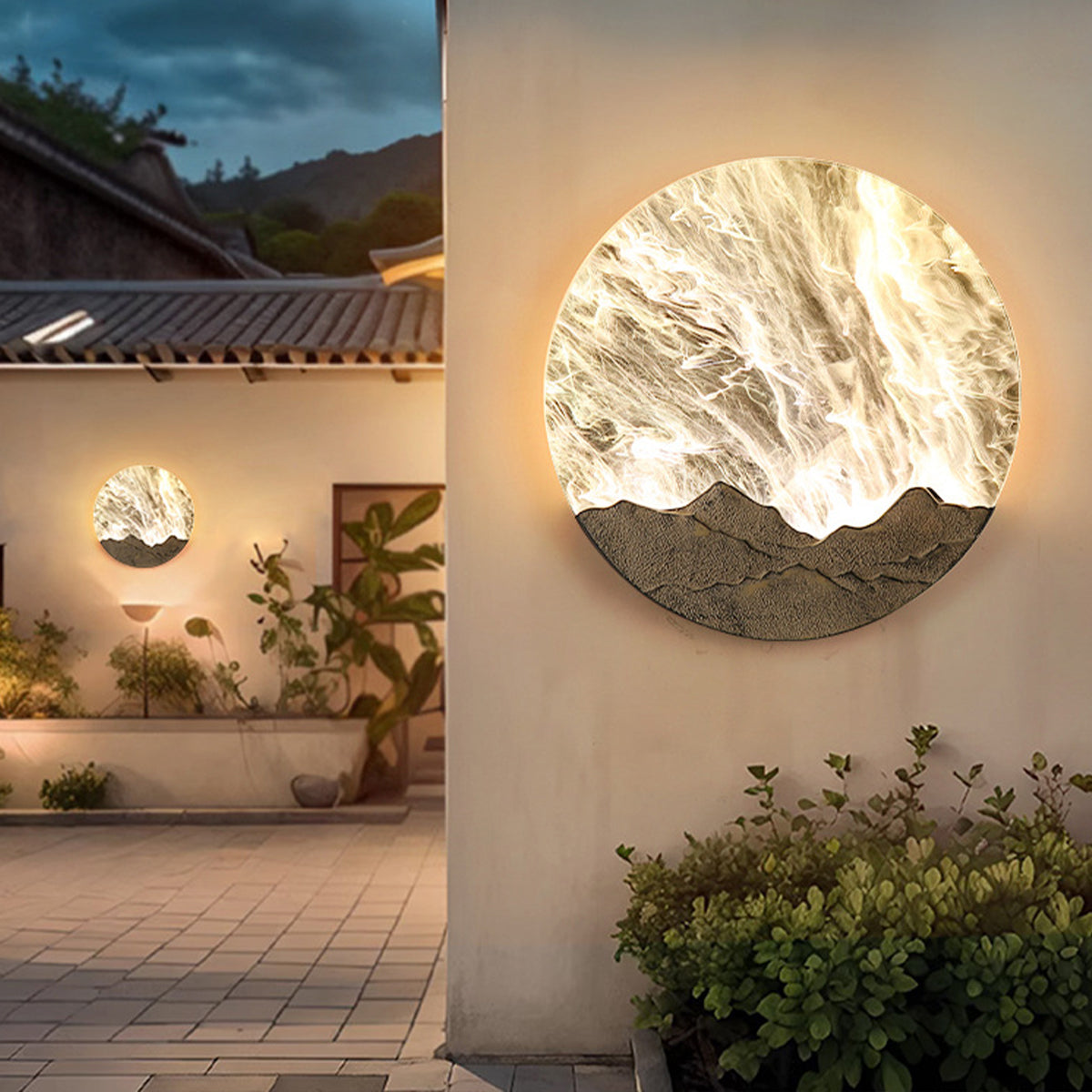 Aplique de Parede Exterior em Resina com Brilho LED Quente, Design Beauty Sunrise