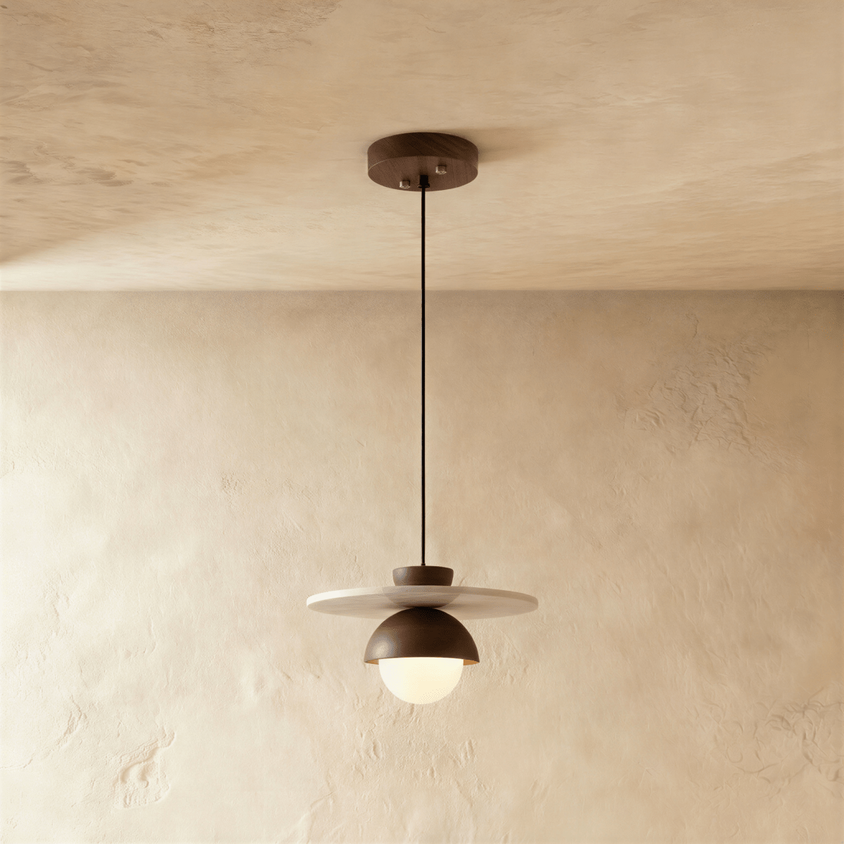 Clérachic pendant light in walnut, a round opal glass globe glowing beneath a wide flat wooden disc.