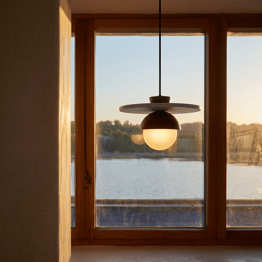 Clérachic pendant light in walnut glowing beside a window at dusk with a lake and mountains in view.