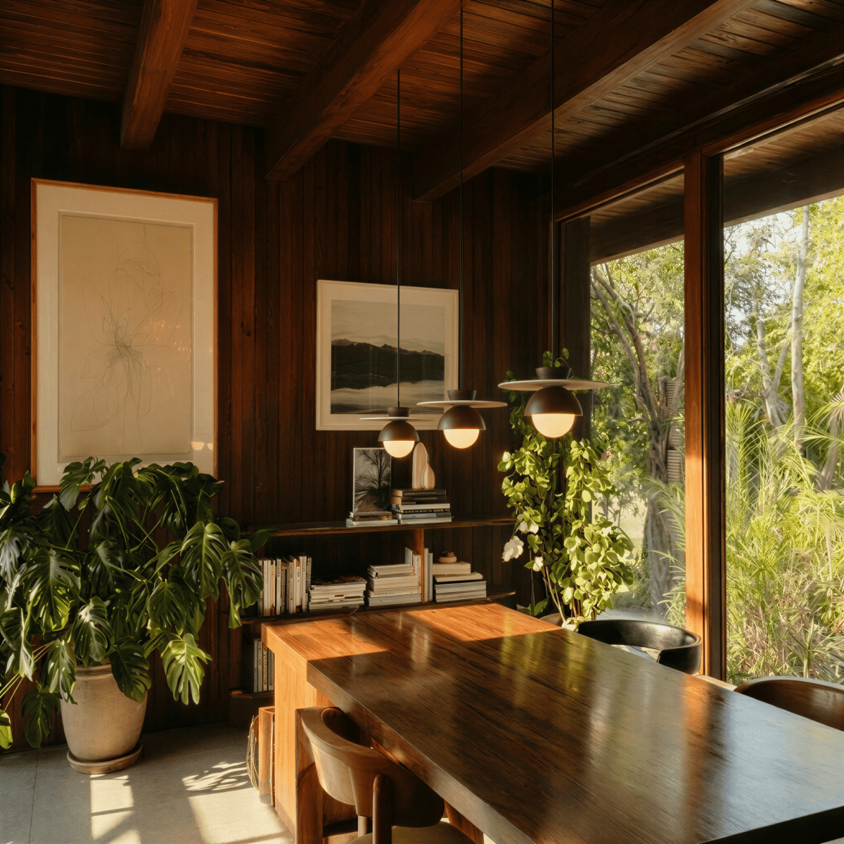 Clérachic pendant lights in walnut glowing above a wood-paneled dining nook with three fixtures in a row.