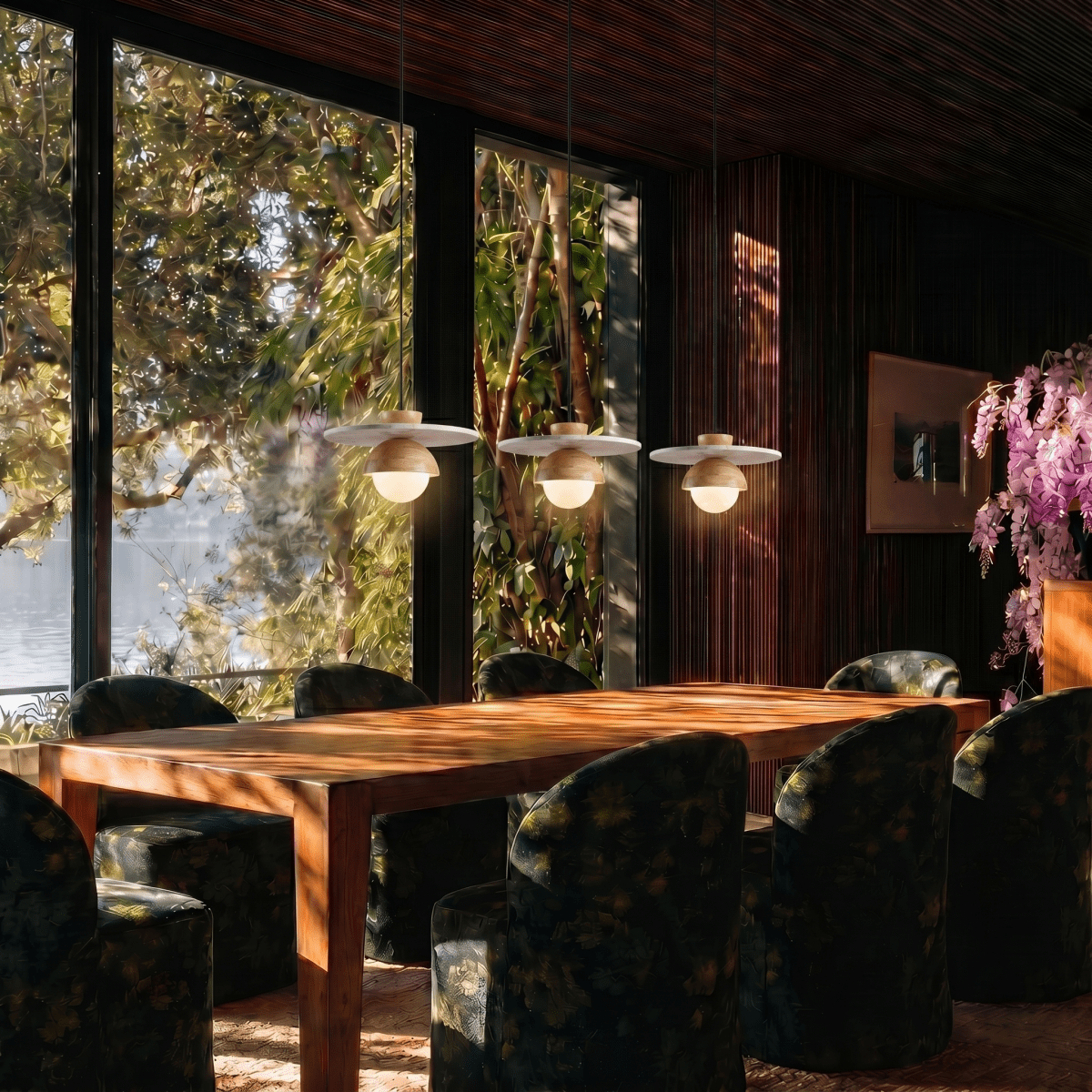 Clérachic pendant lights in light wood, three fixtures glowing above a dining table with a lake view beyond.
