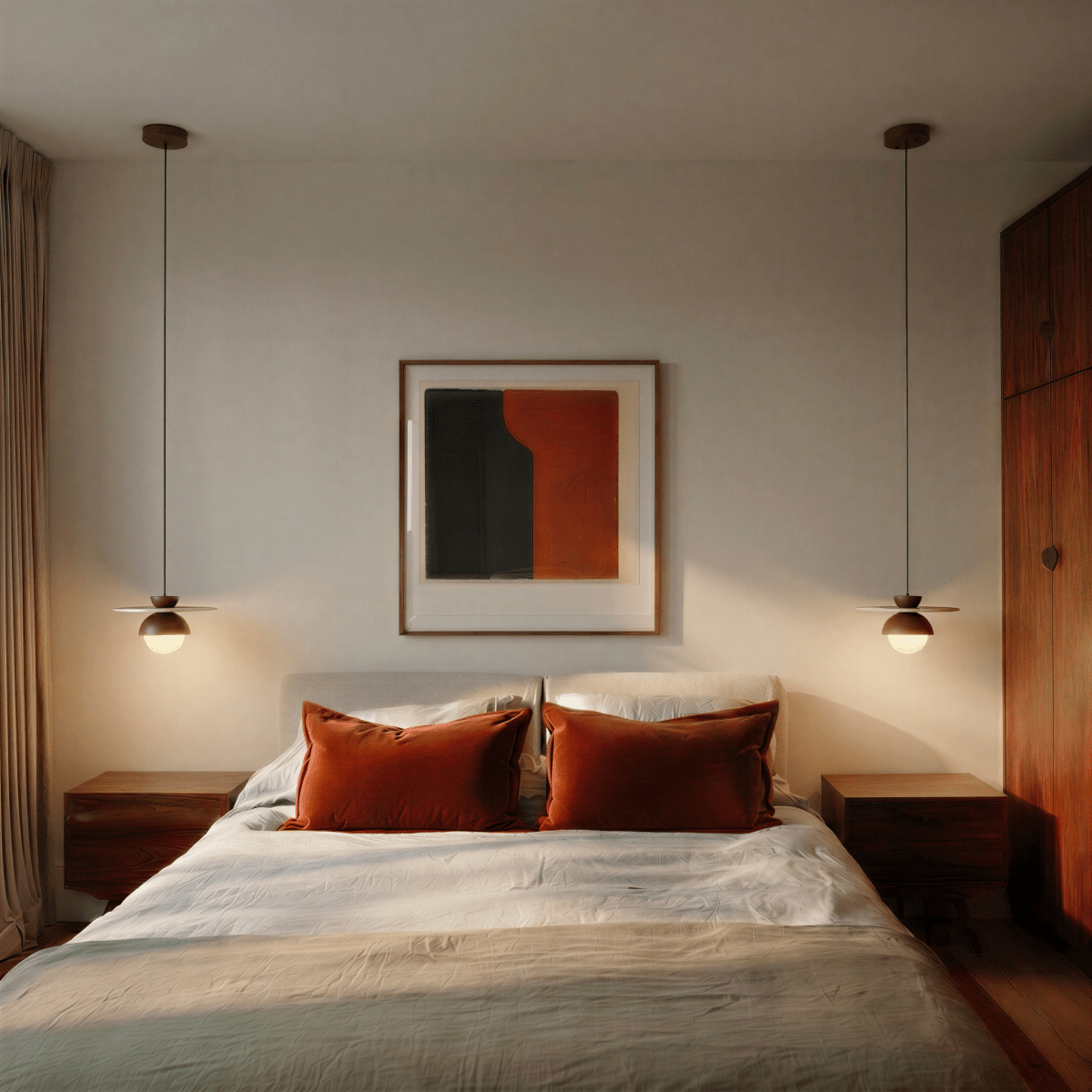 Clérachic pendant lights in walnut flanking a bed, two fixtures glowing warm above matching nightstands.