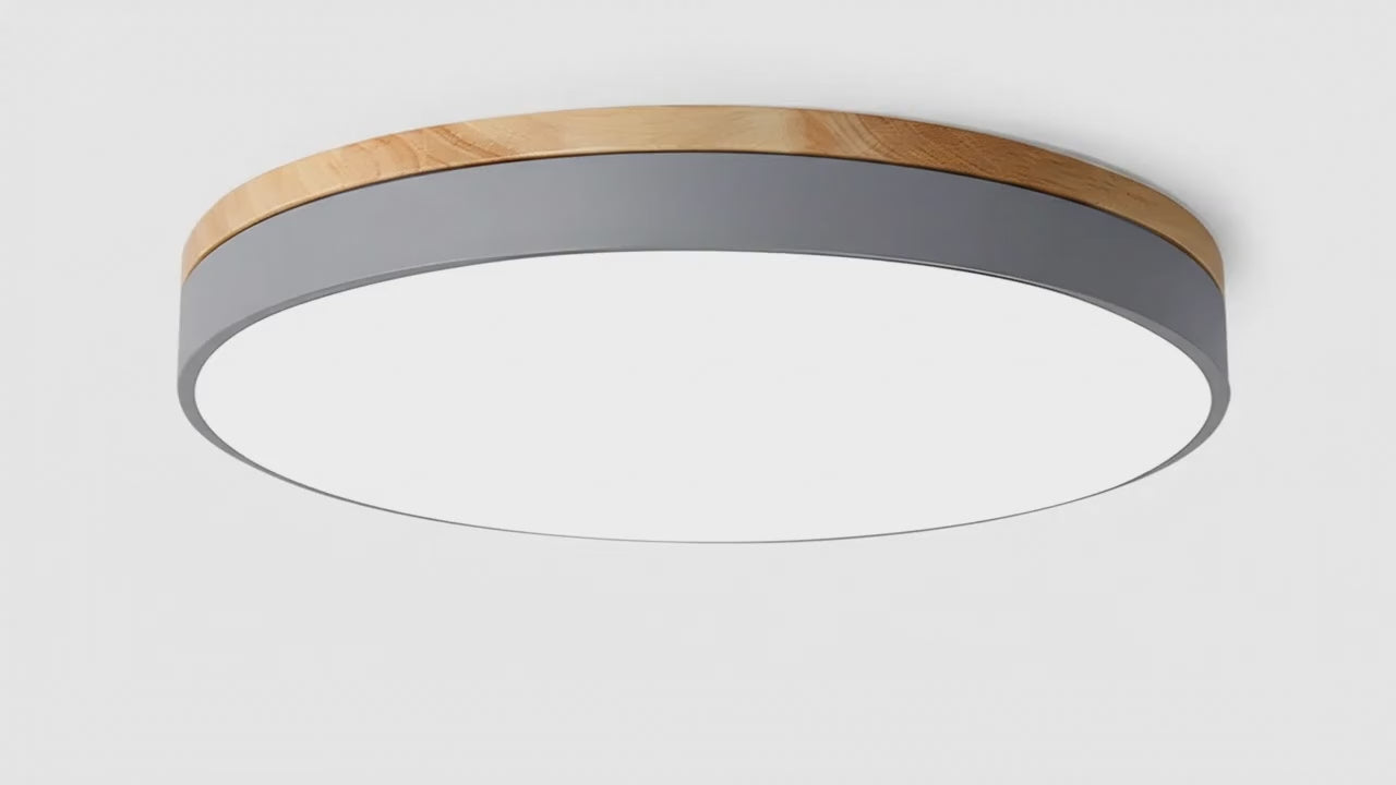 Okrągła drewniana lampa sufitowa — smukła lampa LED montowana bezpośrednio do sufitu