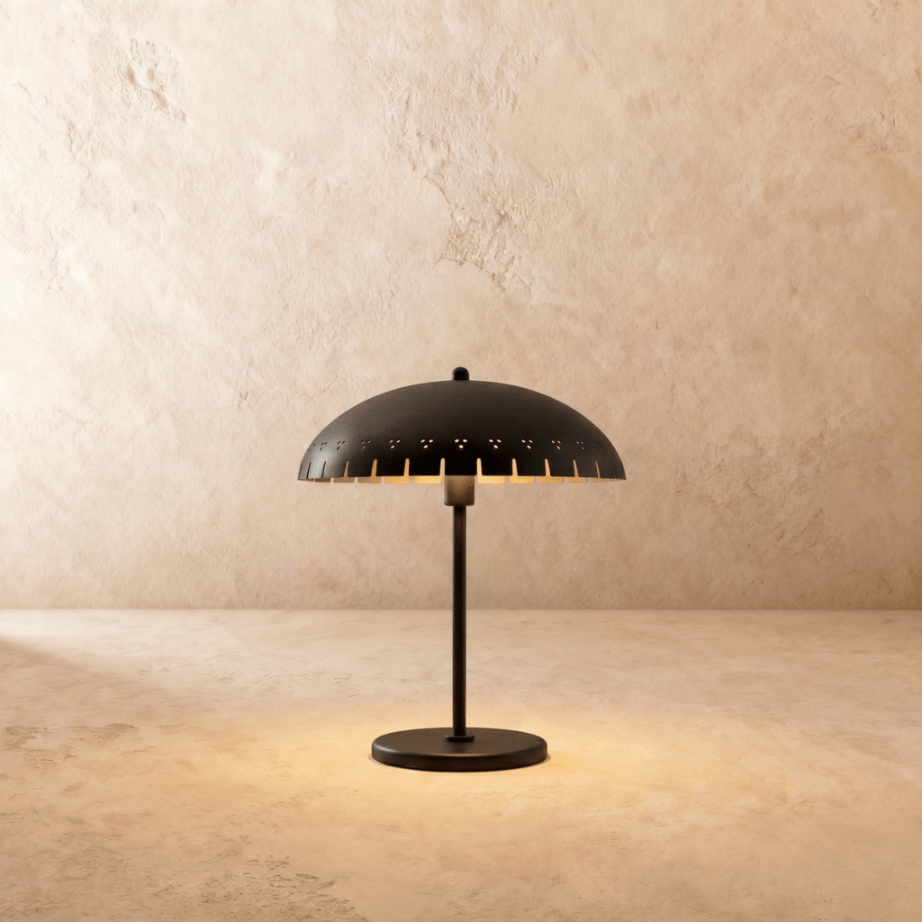 Clérachic table lamp in matte black with a perforated dome shade on a slender stem and round base.