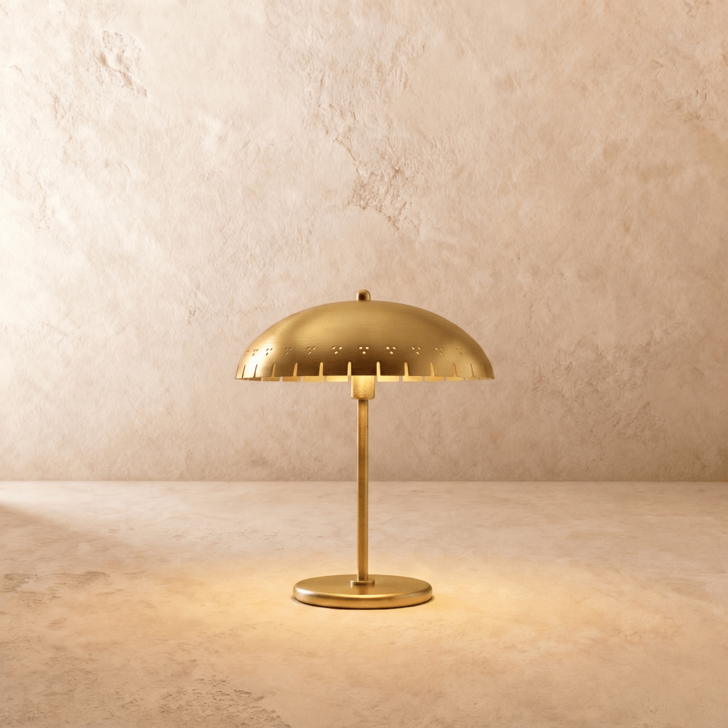 Clérachic table lamp in a warm satin brass finish, a perforated dome shade glowing on a slender stem.