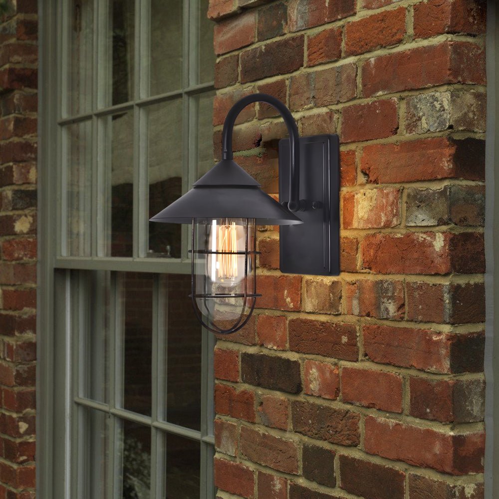 Rebello Round Glass and Iron Wall Sconce, Retro Black Outdoor Finish