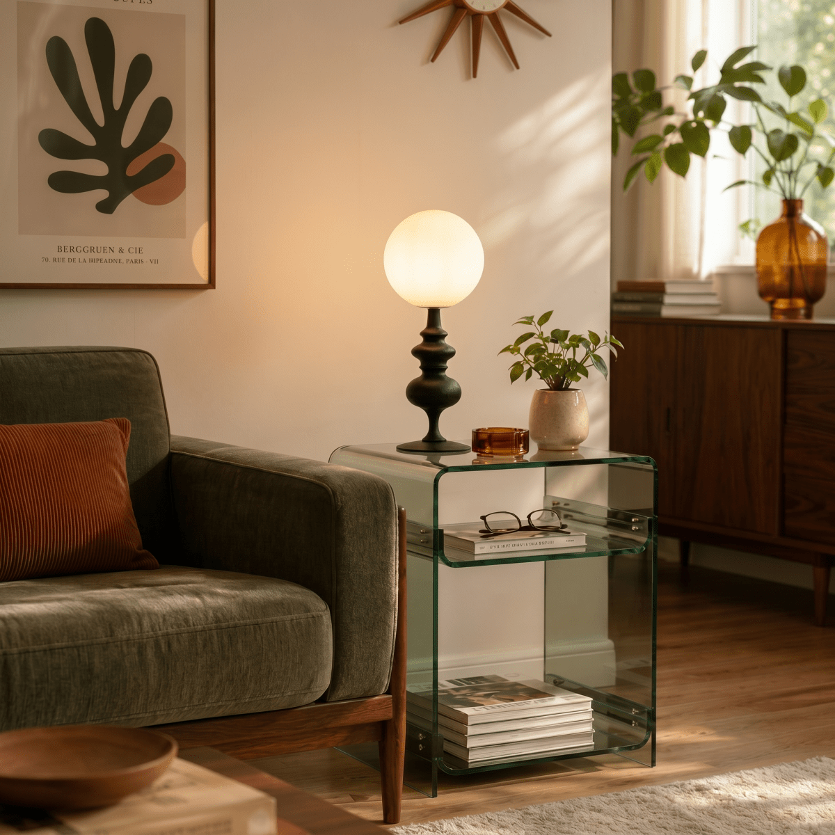 Clérachic table lamp in matte black glowing on a glass side table beneath a framed botanical print.