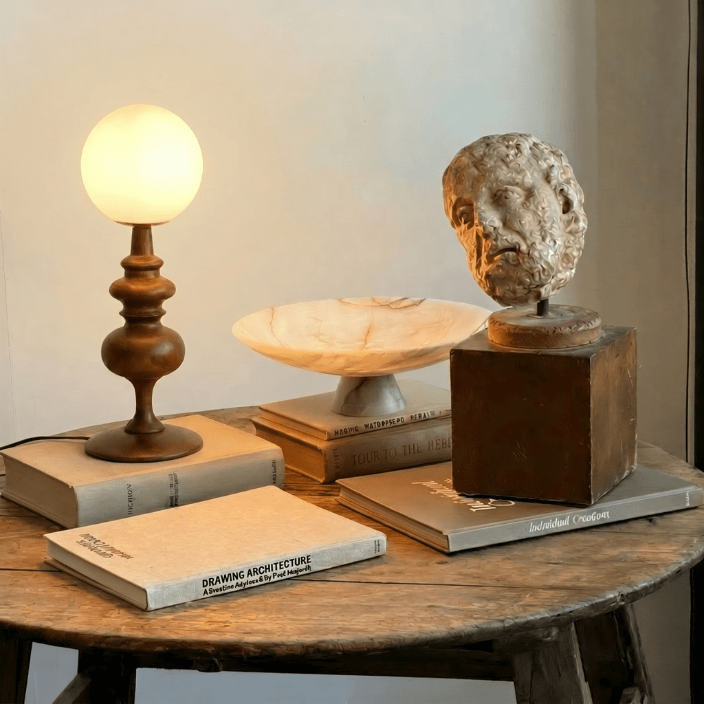 Clérachic table lamp in walnut glowing on a round table beside stacked books and a small sculpture.