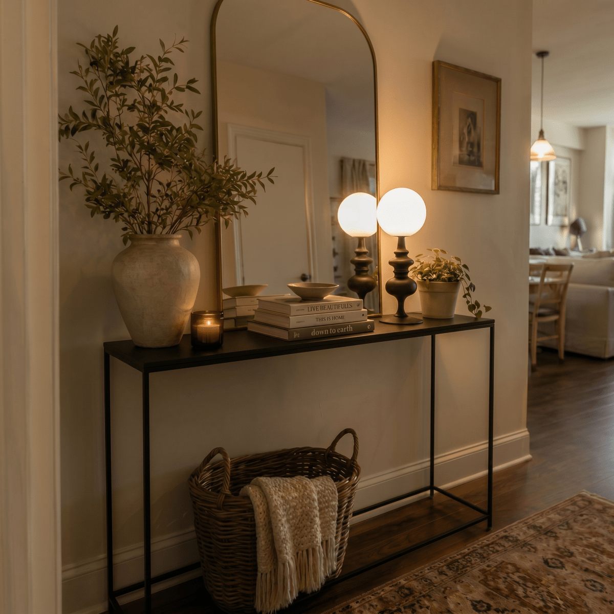 Clérachic table lamps in matte black, two fixtures glowing on a console table beside a stack of books.