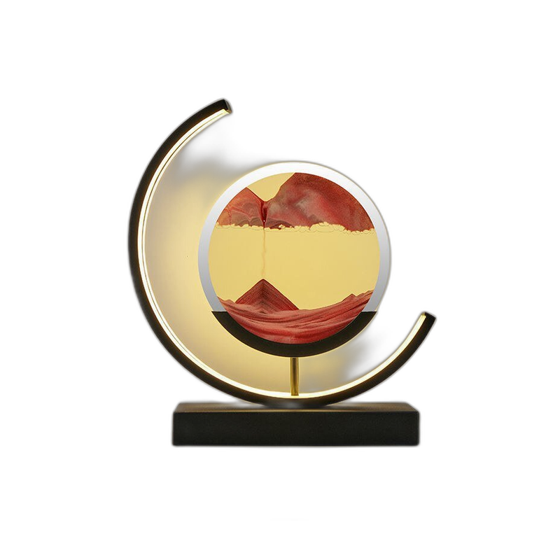 Moving sand art LED table lamp with terracotta-red sand and a warm glowing ring on a black base