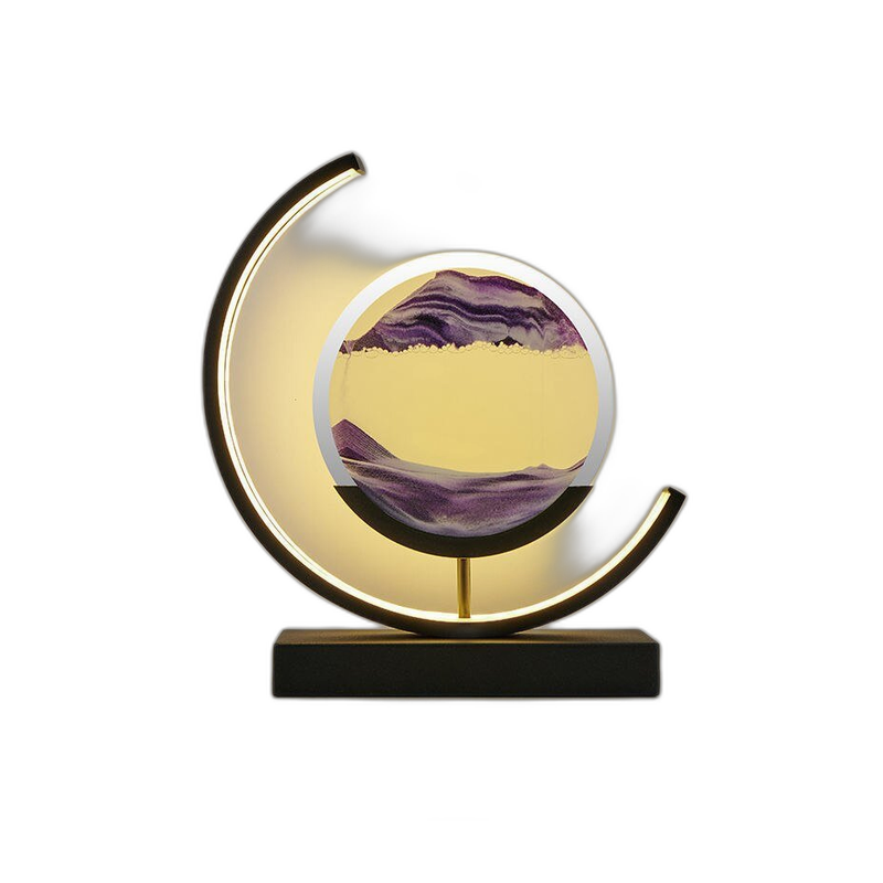 Moving sand art LED table lamp with purple sand and a warm glowing ring on a black base