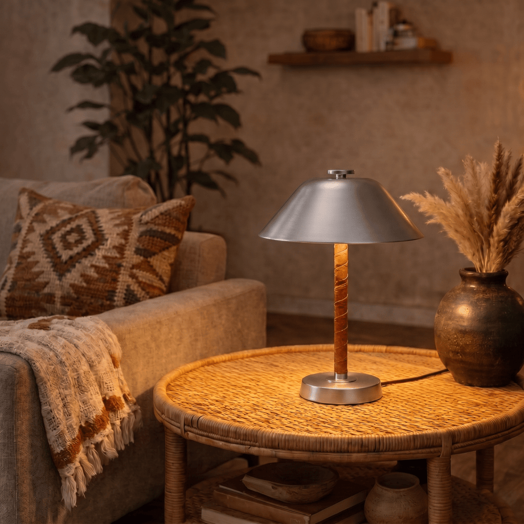 Clérachic table lamp in chrome on a woven coffee table beside a sofa and a pot of dried grasses.
