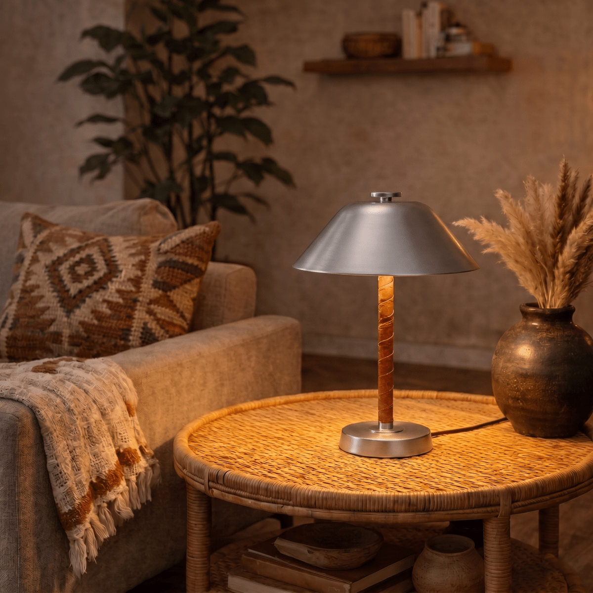Clérachic table lamp in chrome on a woven coffee table beside a sofa and a pot of dried grasses.