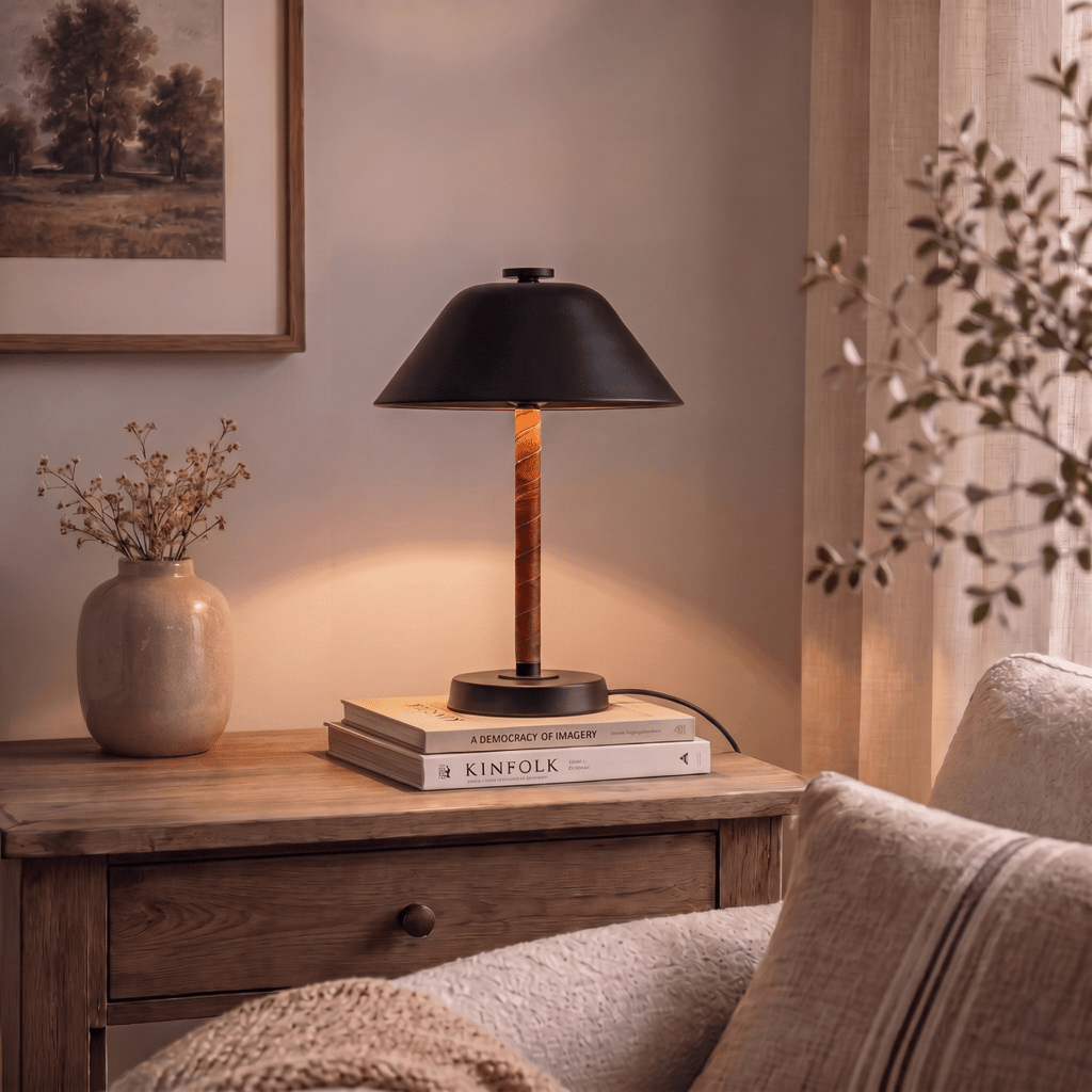 Clérachic table lamp in matte black on a wooden side table stacked with books beside a stoneware vase.