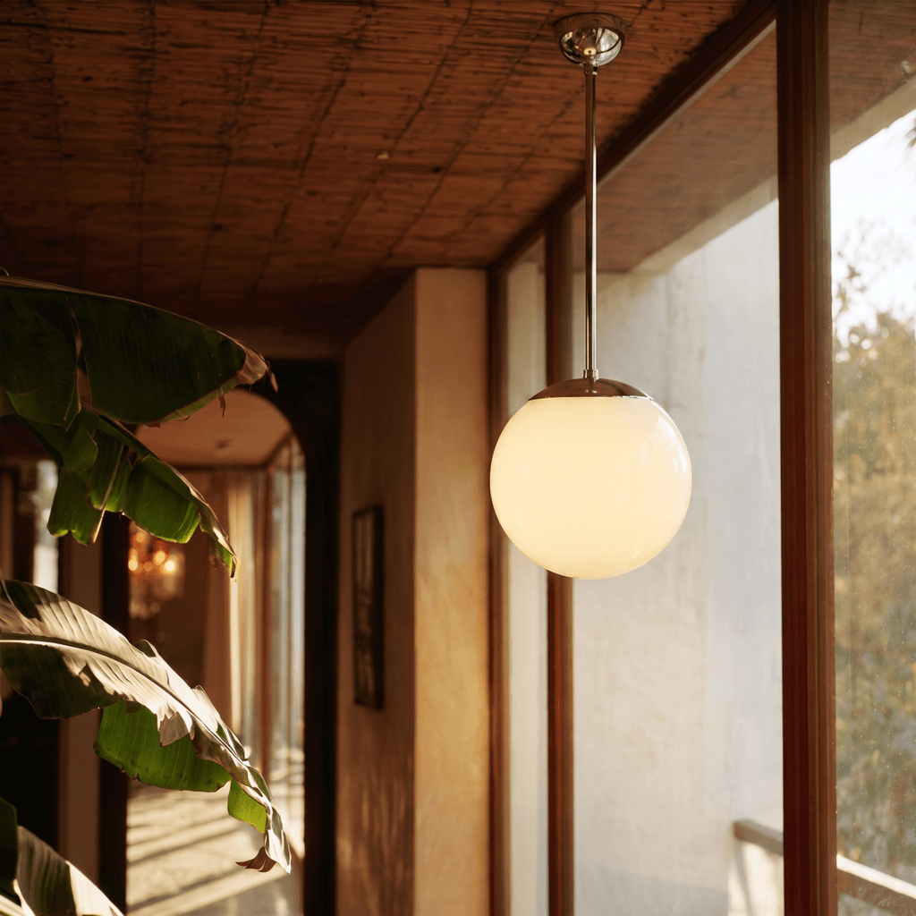 Clérachic chrome globe pendant light lit on a covered terrace beside large tropical leaves at golden hour.