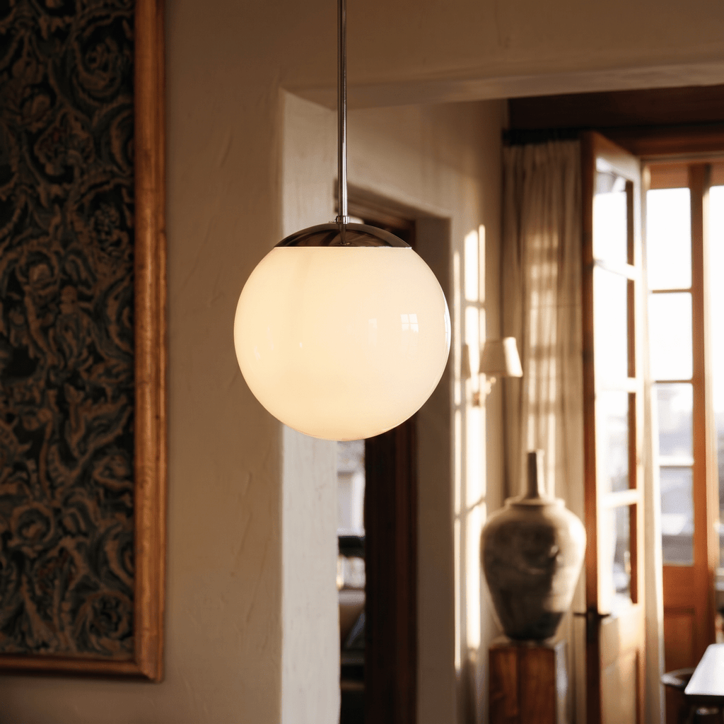 Clérachic chrome globe pendant light lit in a hallway beside a patterned tapestry and a ceramic vase.