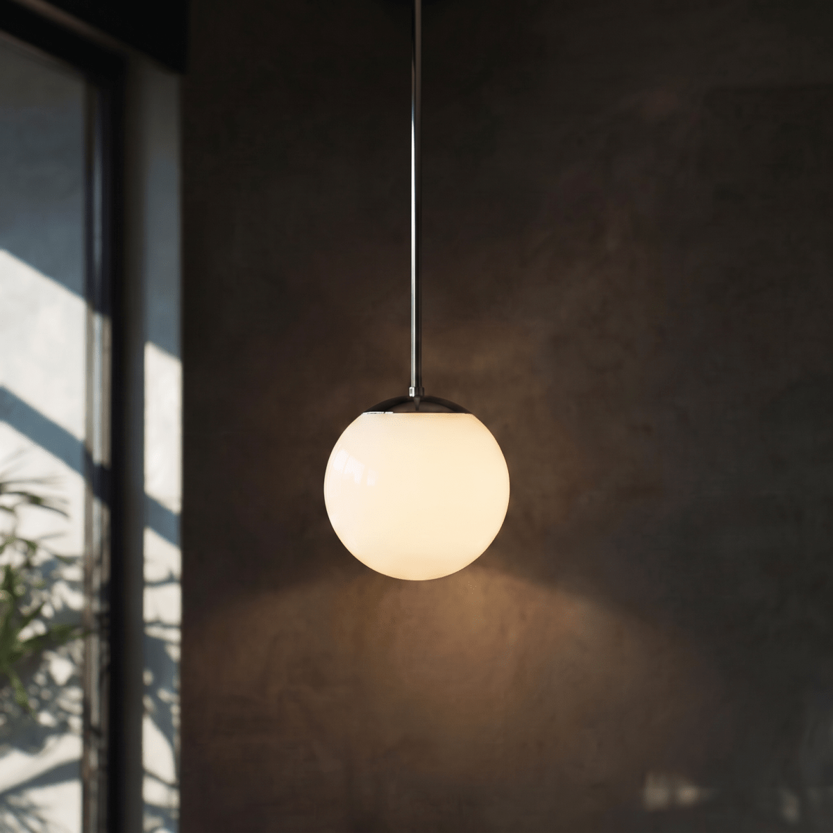 Clérachic chrome globe pendant light lit against a dark wall beside a glass door and a leafy plant.