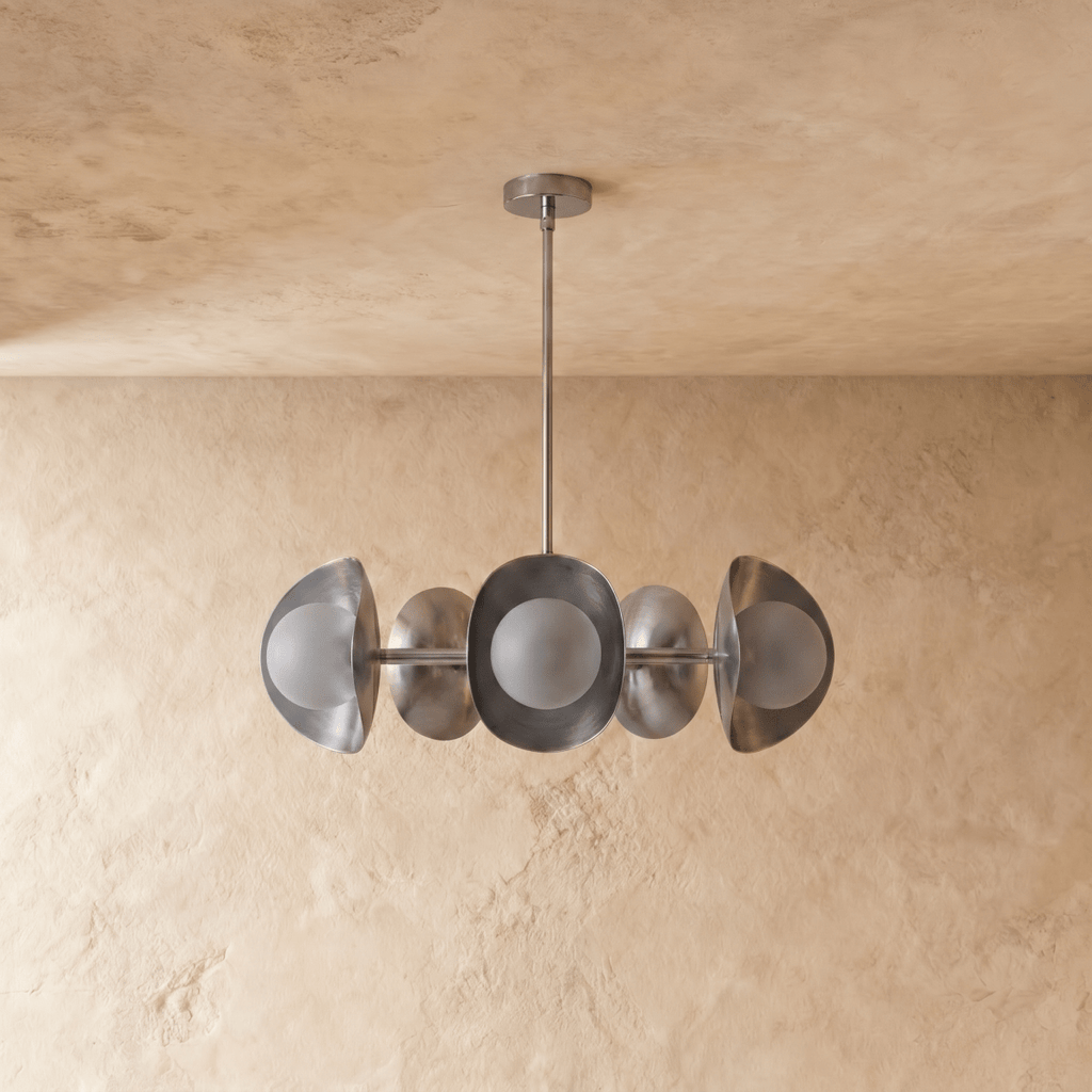 Clérachic chandelier in chrome, the disc shades and glass globes viewed from a slightly different angle.