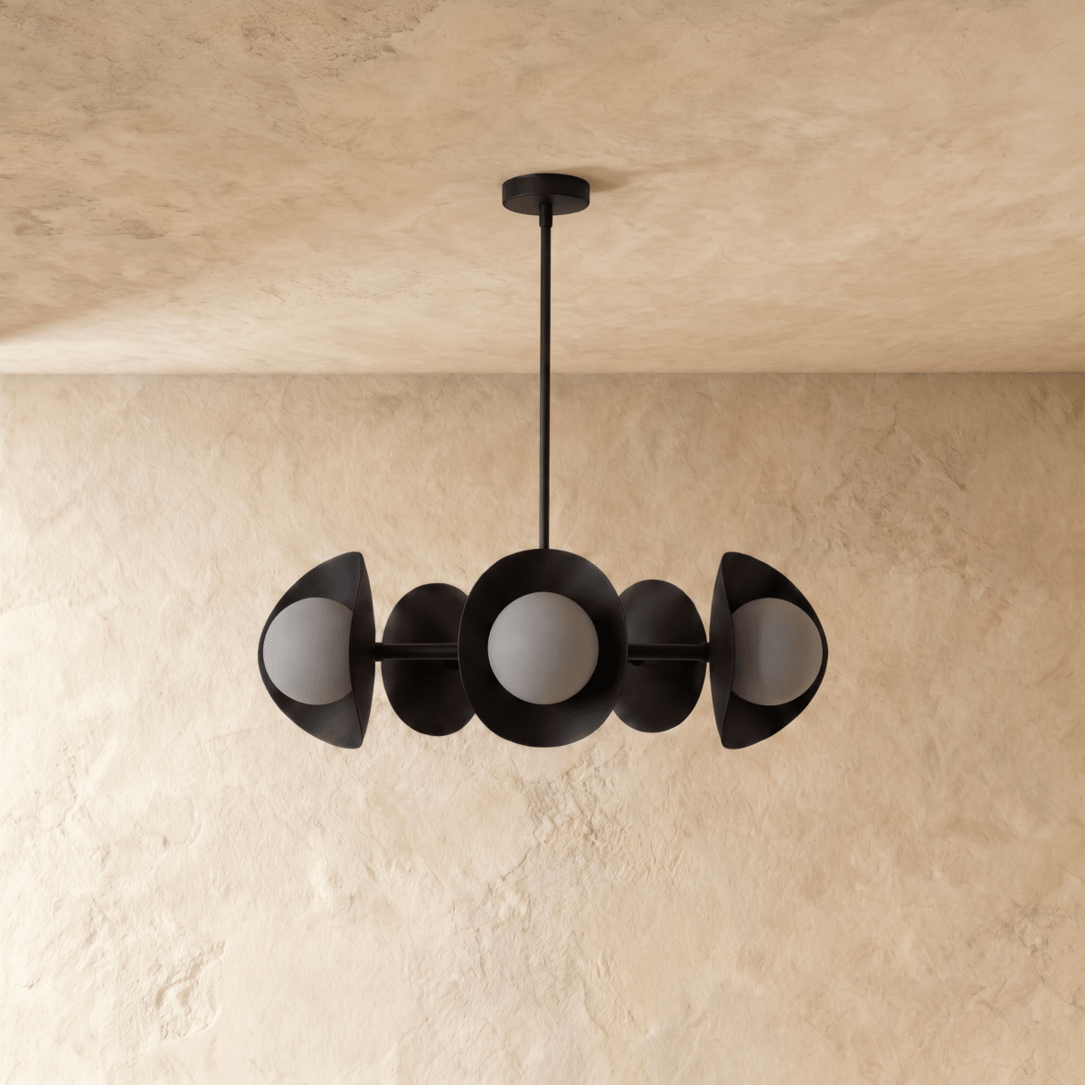 Clérachic chandelier in matte black, the disc shades and glass globes viewed from a slightly different angle.