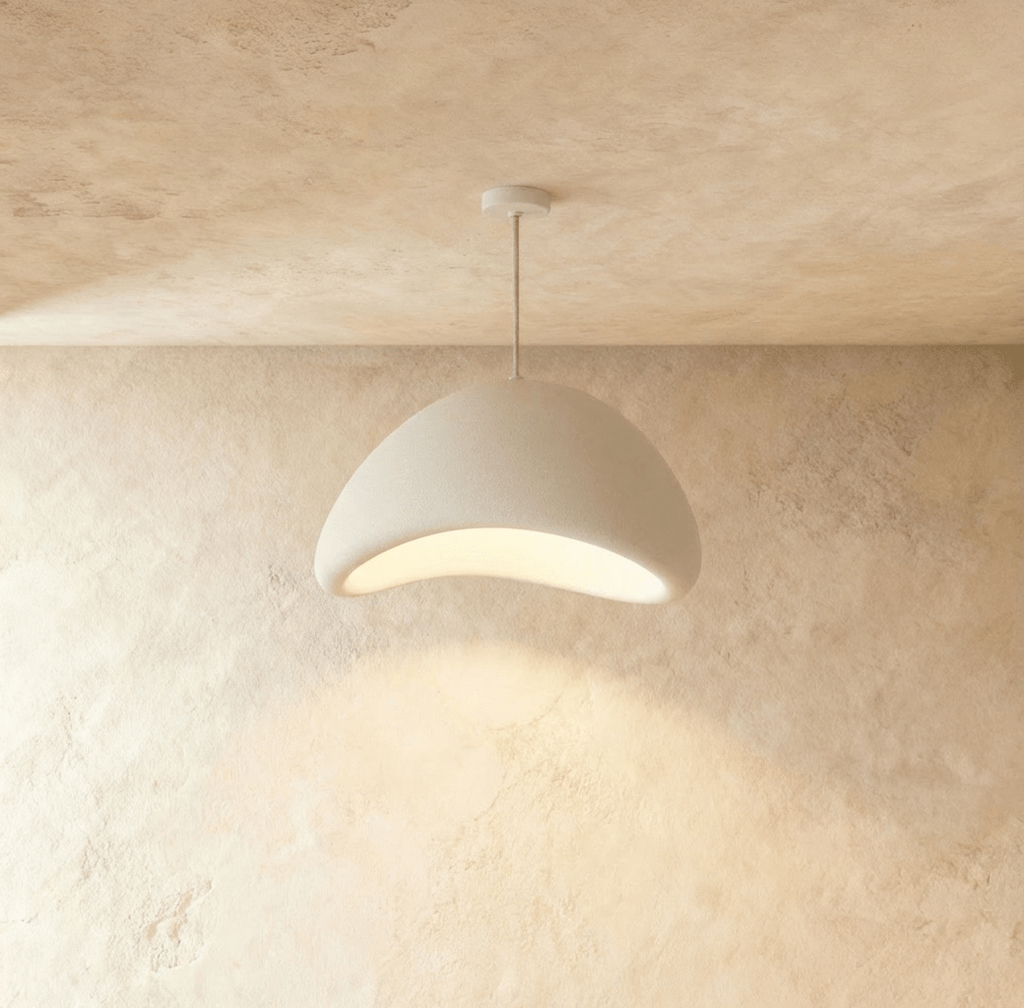Clérachic Shibui pendant light in the Cone form, the saddle-shaped opening throwing a wide warm pool down the wall.