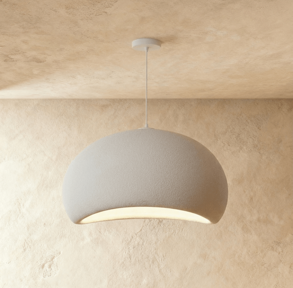 Clérachic Shibui pendant light in the Cloud form, large in frame, the grey-white shell curving down to a lit crescent.