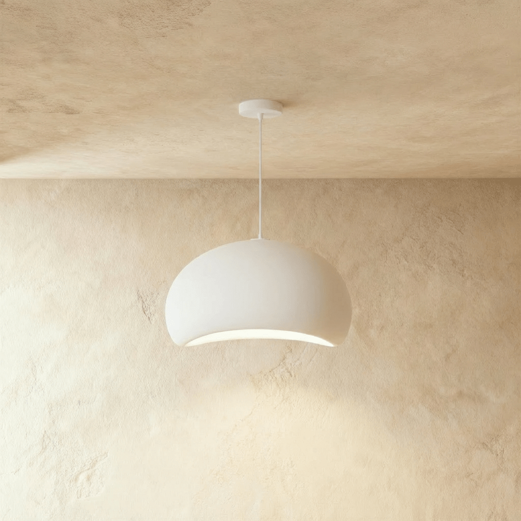 Clérachic Shibui pendant light in the Cloud form, hung high in a plaster corner with a warm pool of light on the wall below.